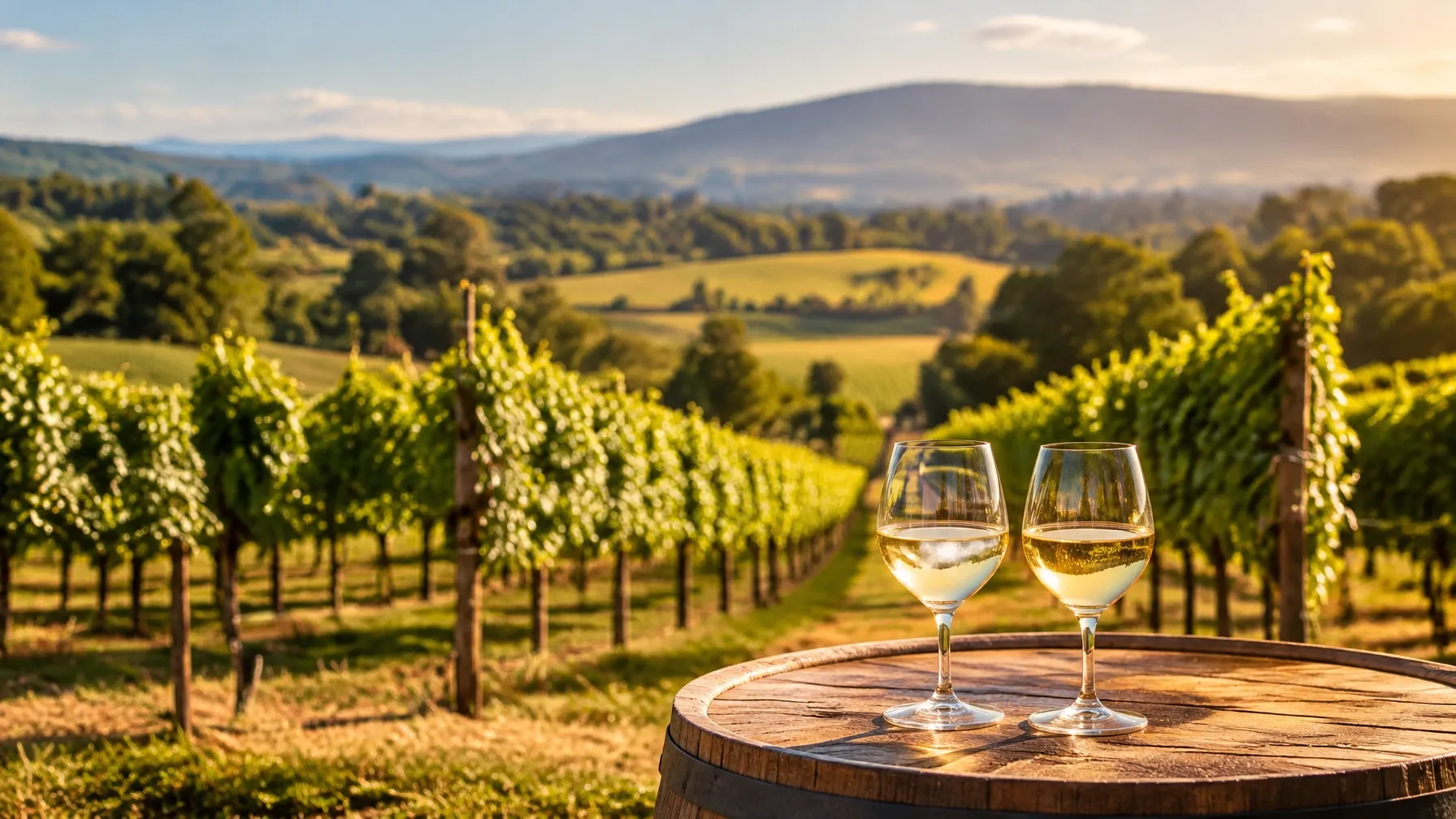 Wine glasses overlooking vineyard rows