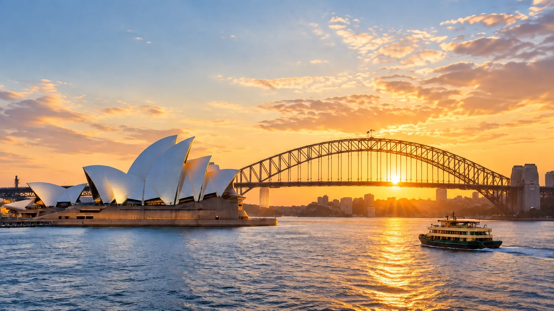 Sydney Opera House and Harbour Bridge at golden hour