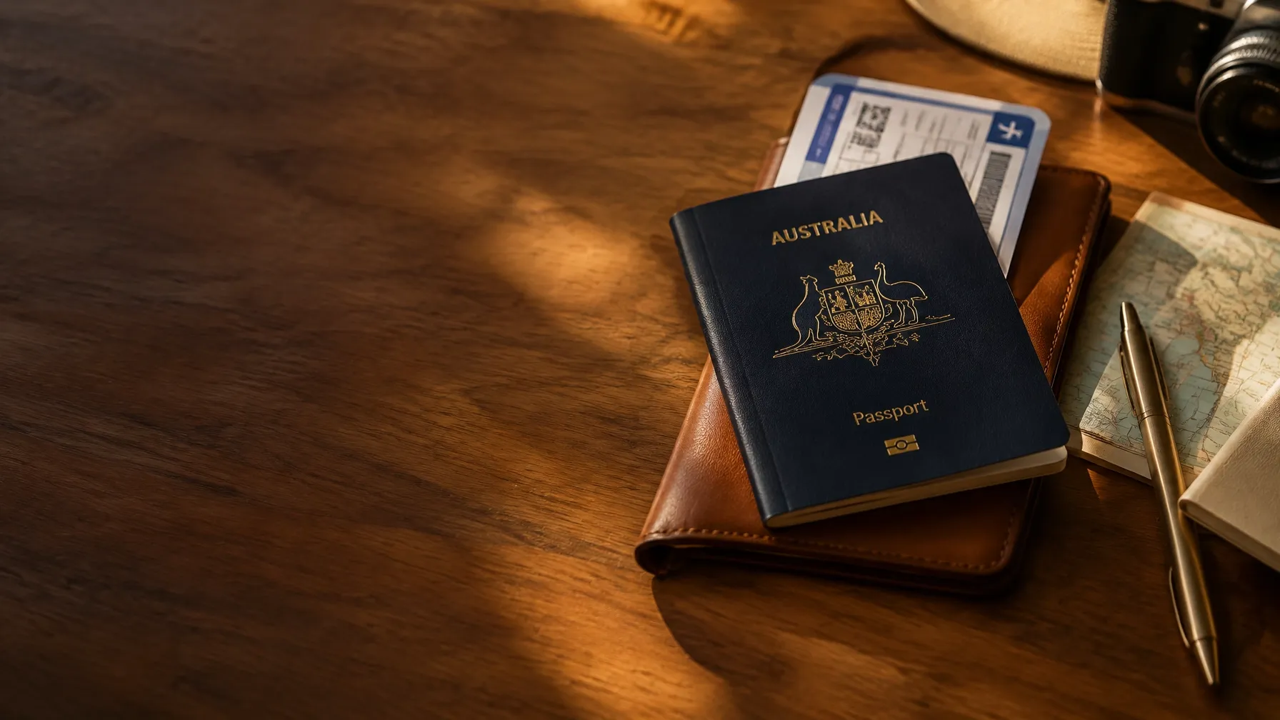 Australian passport and travel documents beside a boarding pass in warm natural light